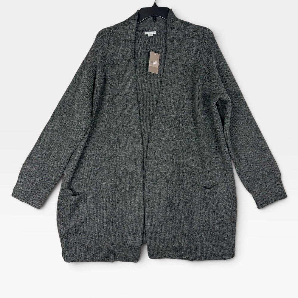 J. Jill Cardigan Open Front Shawl Collar Womens M Dark Charcoal Gray Wool NWT